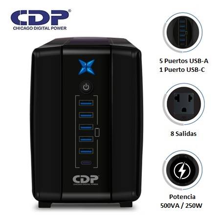 UPS CDP R-UPR508I 500VA/250W 8 SALIDAS / 5 PORT USB / 1 TIPO C / AUTONOMIA 20MIN BLACK