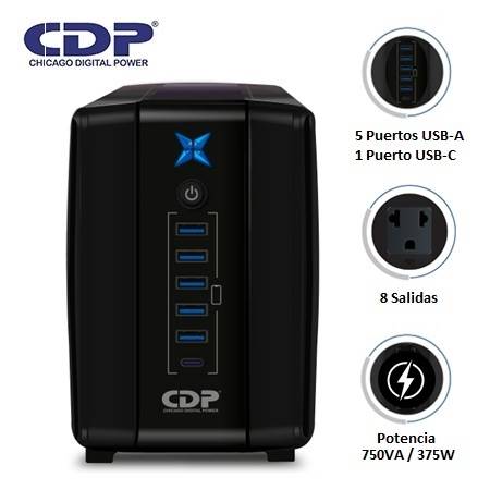 UPS CDP R-UPR758I 750VA/375W 8 SALIDAS / 5 PORT USB / 1 TIPO C / AUTONOMIA 20MIN BLACK
