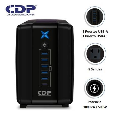 UPS CDP R-UPR1008I 1000VA/500W 8 SALIDAS / 5 PORT USB / 1 TIPO C / AUTONOMIA 40 MIN BLACK