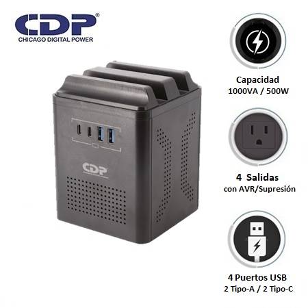 ESTABILIZADOR CDP RUAVR1004I 1000VA/500W 4 SALIDAS/2 USB-A/2 USB-C