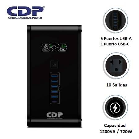 UPS CDP R-SMART 1210I 1200VA / 720W / 10 SALIDAS / 5 PORT USB-A / 1 PORT USB-C BLACK